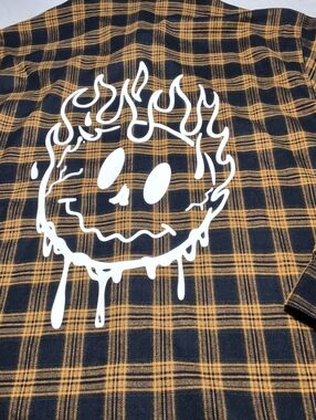 Kill Crew Men's Streetwear Smiley Flannel Button Up Yellow/Black Plaid Size XL